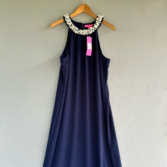 NWT LILLY PULITZER SIZE LARGE SHAWN MAXI DRESS *TRUE NAVY* EMBELLISHED - Picture 2 of 16